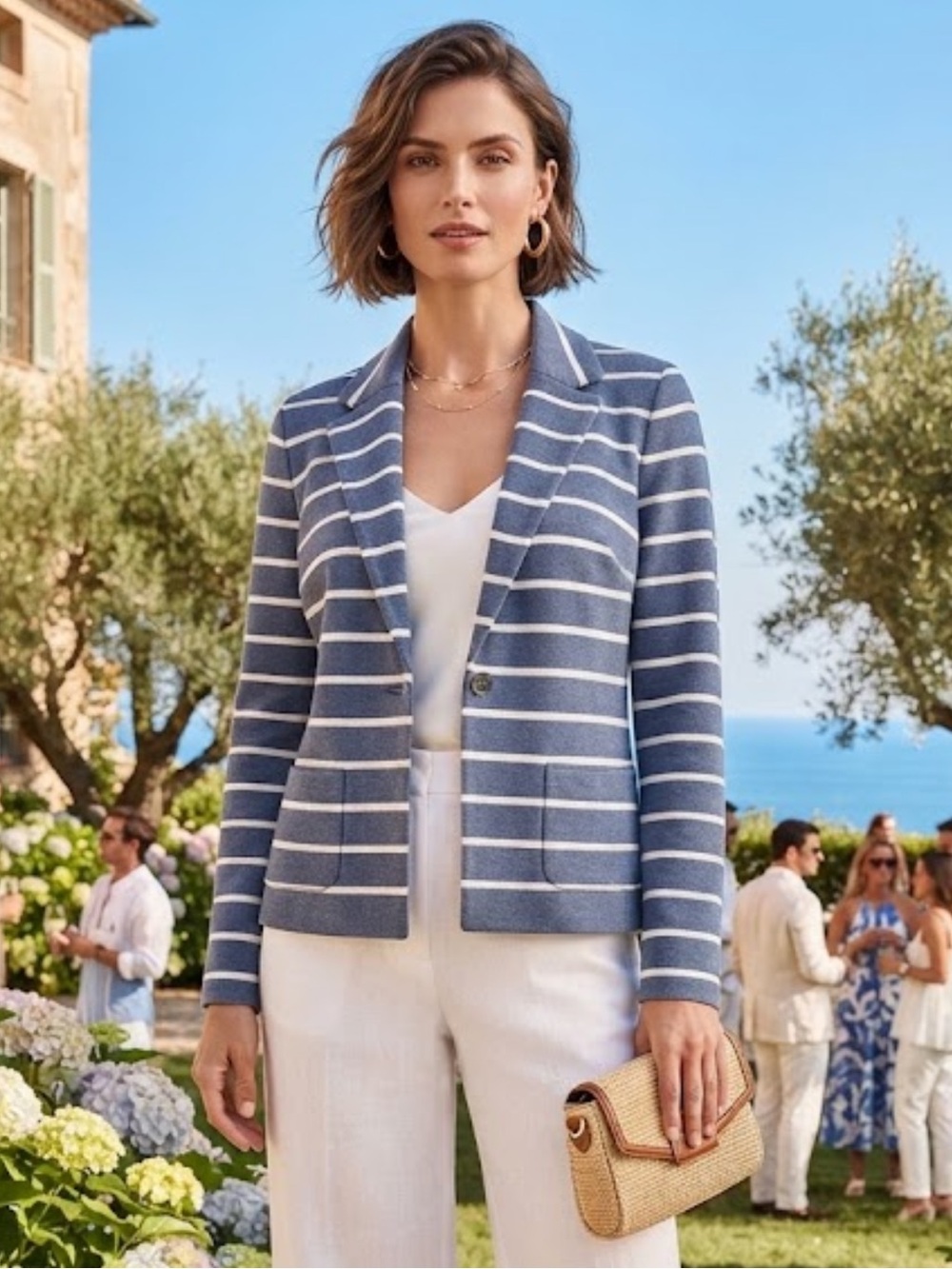 NWOT Talbots Blue n White Striped Soft Shell Blazer Crest Button Size L